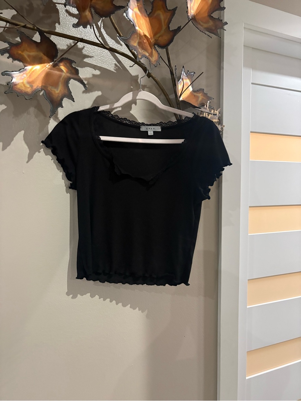 Black Lace-Trim Short Sleeve crop top - Women